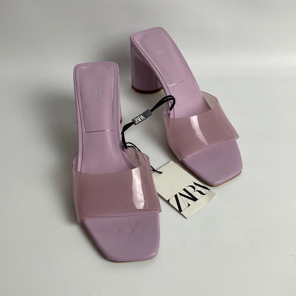 Zara Womens 38 (7.5 US) Purple Chunky Heel w/ Clear Straps
